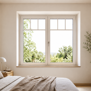 helles Schlafzimmer in grau beige braun Tönen mi großem weißem Kunststofffenster