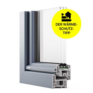 Profilschnitt Kunststofffenster-Calido mit Wetterschenkel und Label Wärmeschutztipp