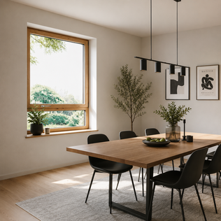 wohnliches Esszimmer mit Holztisch und Fenster mit Holzkaschierfolie