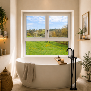 gemütliches Bad mit großer Badewanne vor einem großen Fenster mit Blick ins Grüne