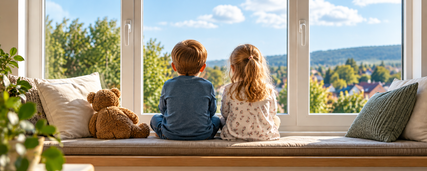 zwei Kinder sitzen in der Sonne vor einem Fenster und schauen raus