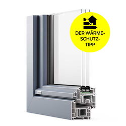 Profilschnitt Kunststofffenster-Calido mit Wetterschenkel und Label Wärmeschutztipp