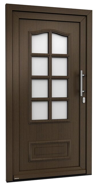 Kunststoff Haustür AVIDA H10354 in Farbe 15 Eiche rustikal, klassische Füllung mit Zierrähmchen, Lichtausschnitt oben geschwungen mit Sprossen in 8 Teile unterteilt mit sandgestrahltem Glas, Stangenstoßgriff G113sf-E, Rosette R001oz-E Edelstahl WERU