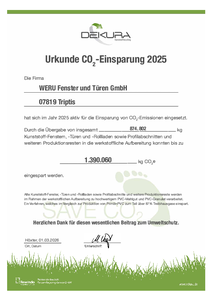 DEKURA Urkunde CO2 Einsparung der WERU Fenster und Türen GmbH im Jahr 2025 1.390.060 kg Co2