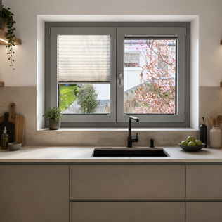moderne beige Küche mit grauem Fenster hinter der Spüle
