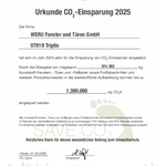 DEKURA Urkunde CO2 Einsparung der WERU Fenster und Türen GmbH im Jahr 2025 1.390.060 kg Co2