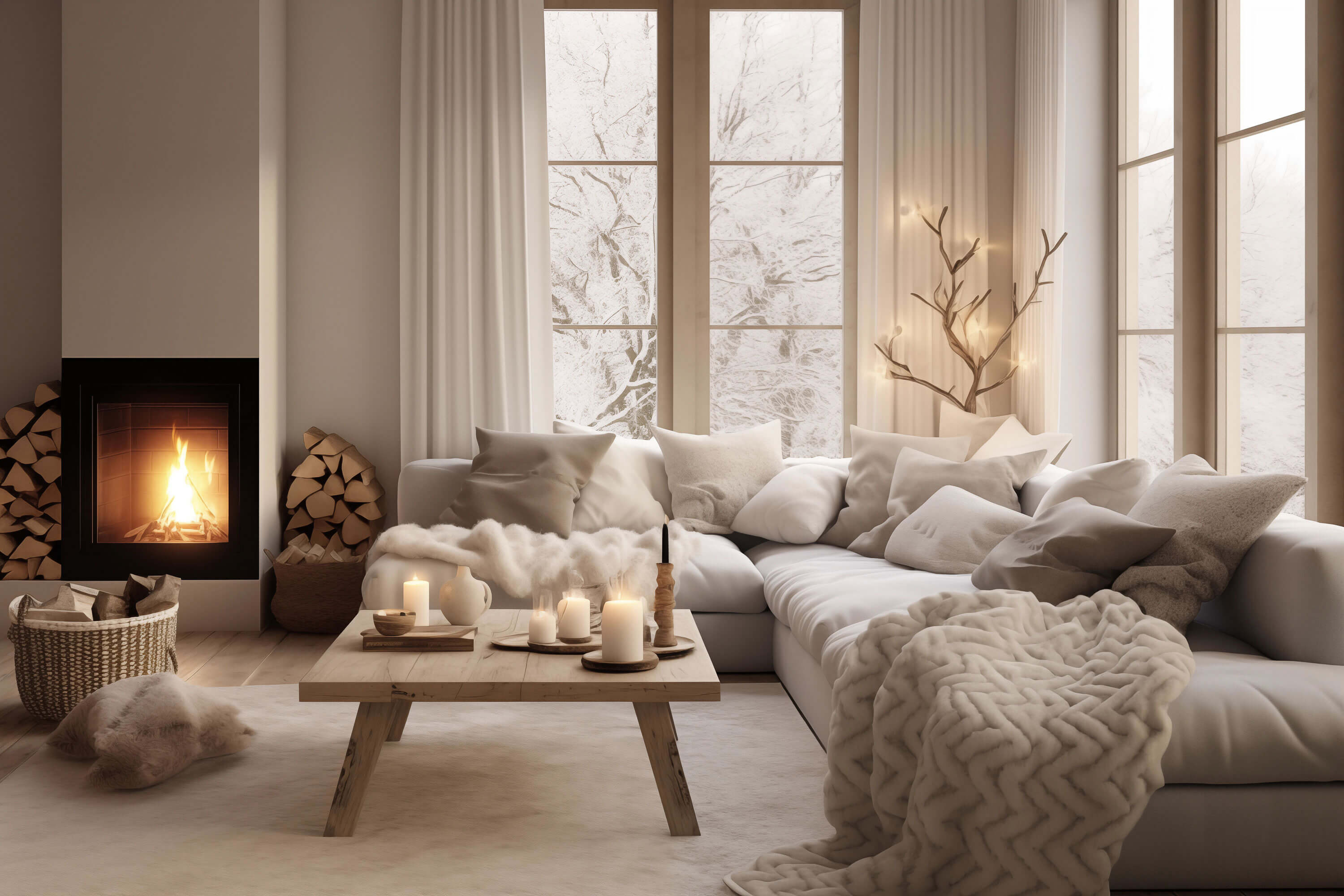 Zwei bodentiefe zweiflügelige Fenster mit Sprossen in einem gemütlichen Wohnzimmer in Cremetönen, Sofa mit vielen Kissen, brennende Kerzen und Feuer im Kamin